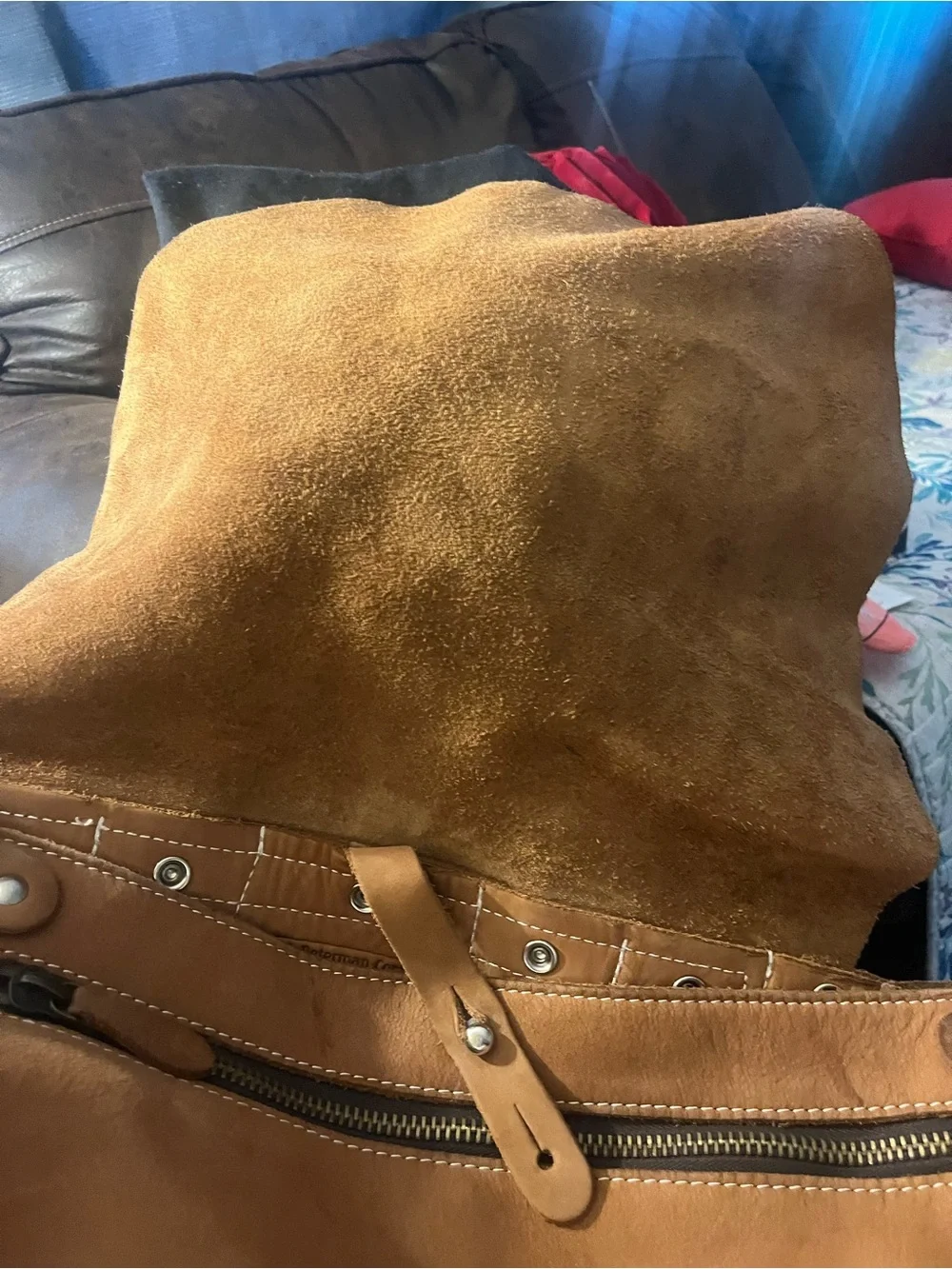 J. Peterman Tan Leather Shoulder Bag with White Stitching